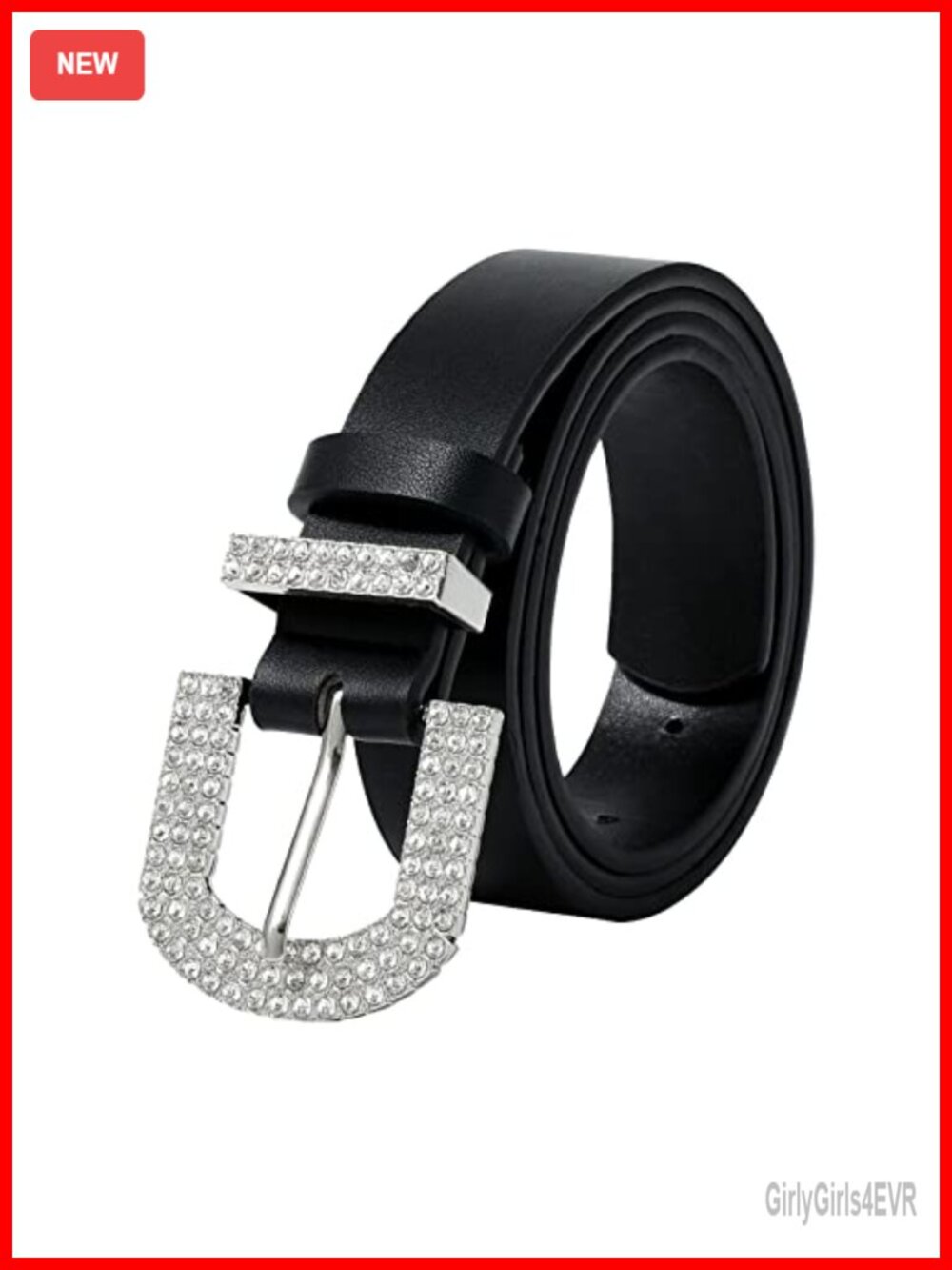 Women's Black Belt with Rhinestone Silver Buckle Bling Punk Style Faux Leather